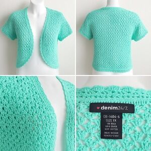 Denim 24/7 Woman Plus 1X‎ Aqua Crochet Open Front Cardigan Ramie Sweater Boho